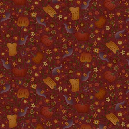Bountiful Blessings 3632-89 Dark Red Pumpkins and Flowers