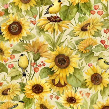 Sunflower Splendor Cream Sunflowers & Bird All Over 83327-257