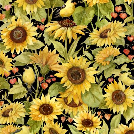 Sunflower Splendor Black Sunflowers & Bird All Over 83327-957