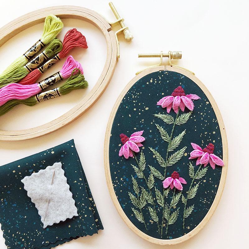 Hand Embroidery Kit 3D Coneflowers