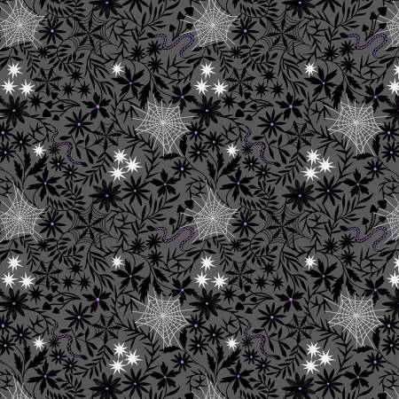 Witchy Woods A884-C Floral cobwebs on grey (glow in the dark)