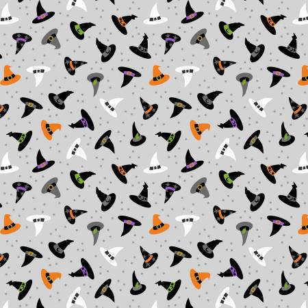 Witchy Woods A886-A Witches hats on ghostly grey (glow in the dark)