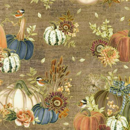Hello Fall 23915-166 Hazelnut Pumpkins Birds Florals