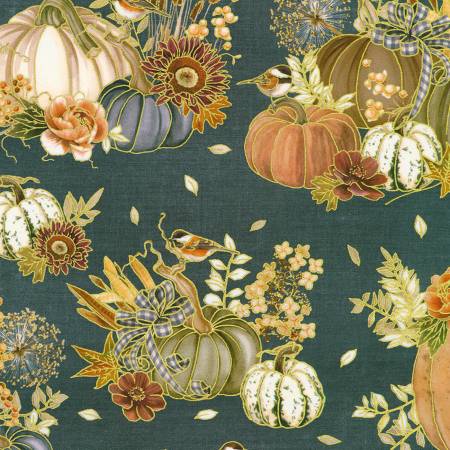Hello Fall 23915-67 Denim Pumpkins Birds Florals