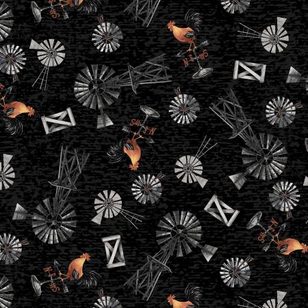 Country Morning 4956-99 Black Tossed Windmills