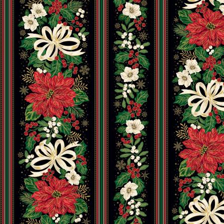 Poinsettias at Christmas CF17637-BLACK Border Stripe Black Foil