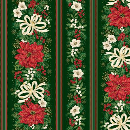 Poinsettias at Christmas CF17637-GREEN Border Stripe Green Foil