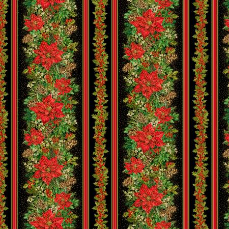 Joyful Black Poinsettia Border Stripe Christmas CM3712-BLACK