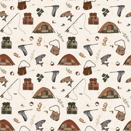 Designer Flannel  F17504-CREAM Let's Wander Gone Fishing Cream