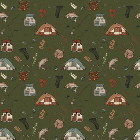Designer Flannel  F17504-FOREST Let's Wander Gone Fishing Forest