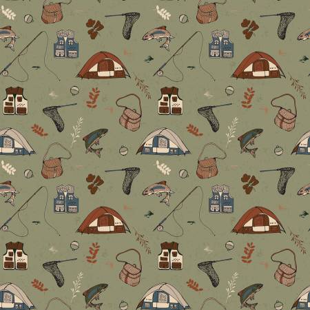 Designer Flannel  F17504-SAGE Let's Wander Gone Fishing Sage