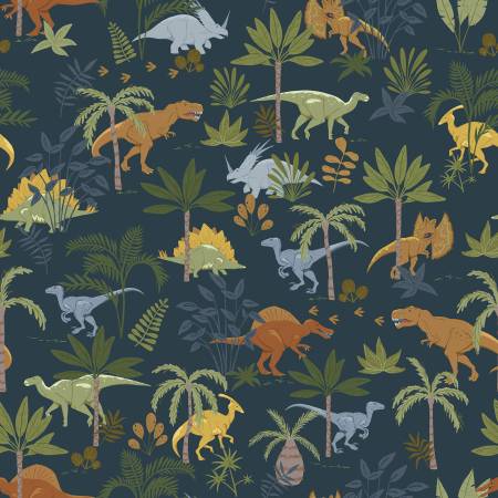 Designer Flannel  F17505-NAVY Cretaceous Jungle Dinos Navy