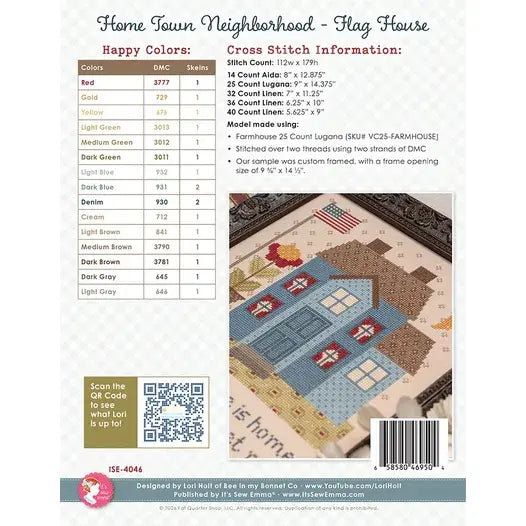 Home Town Neighborhood  Flag House Cross Stitch Pattern
