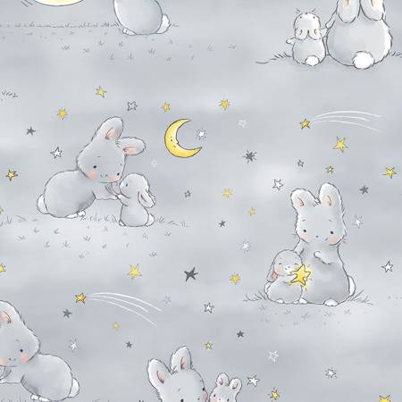 60" Wide Grey Bunnies And Little Ones With Moons Minky