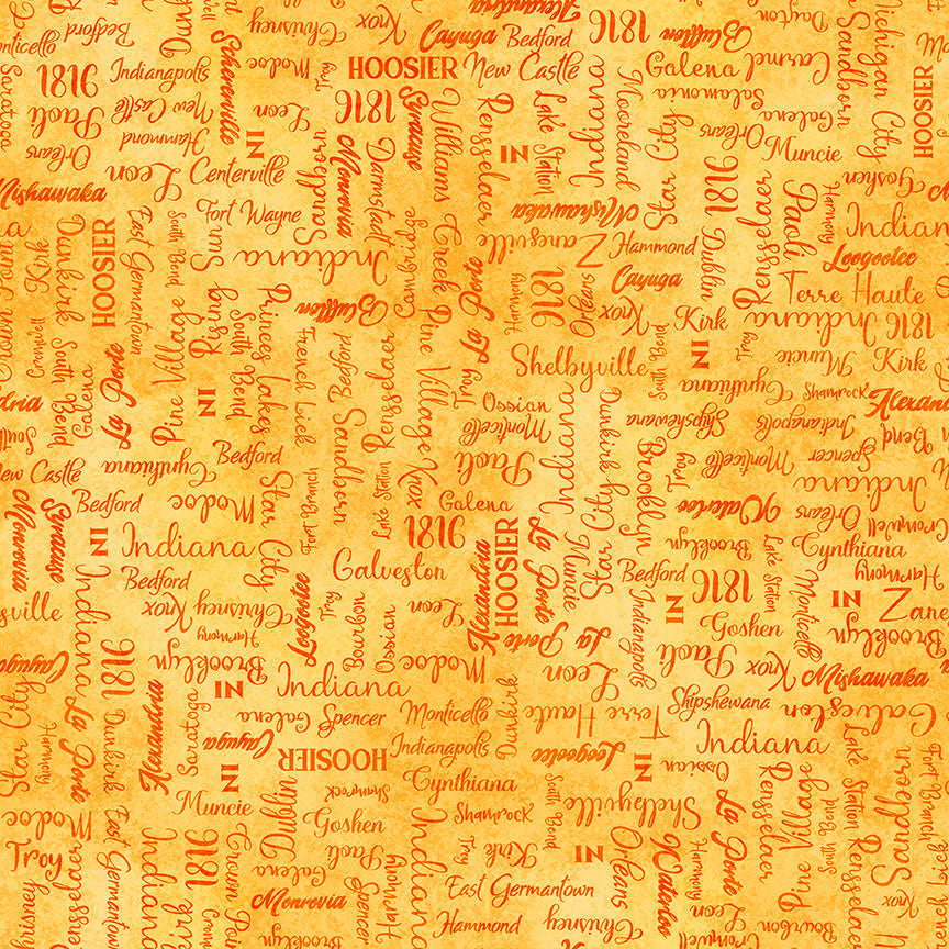 1 yard 20" - 2026 All Indiana Shop Hop - Indiana Cities Text Orange 32031-O
