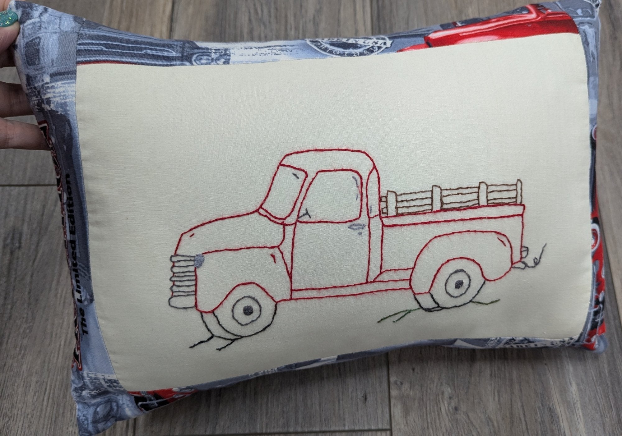 Hand Embroidered Red Truck Pillow