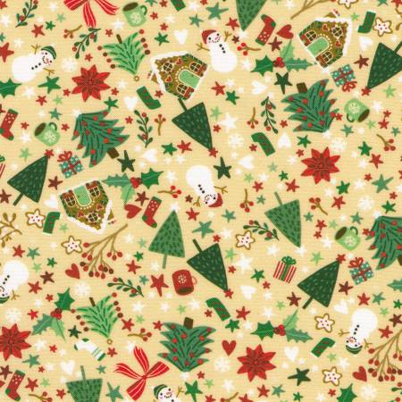 Tiny Tidings 23906-13 Tan Snowman Christmas Trees Gingerbread Houses