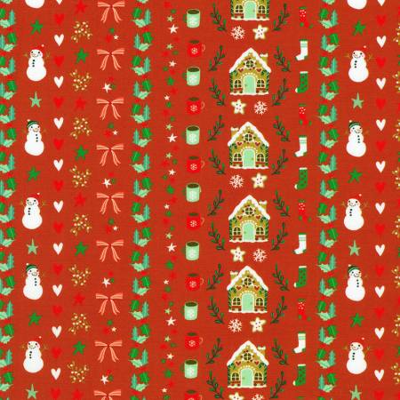 Tiny Tidings 23909-113 Cranberry Christmas Motif Stripe
