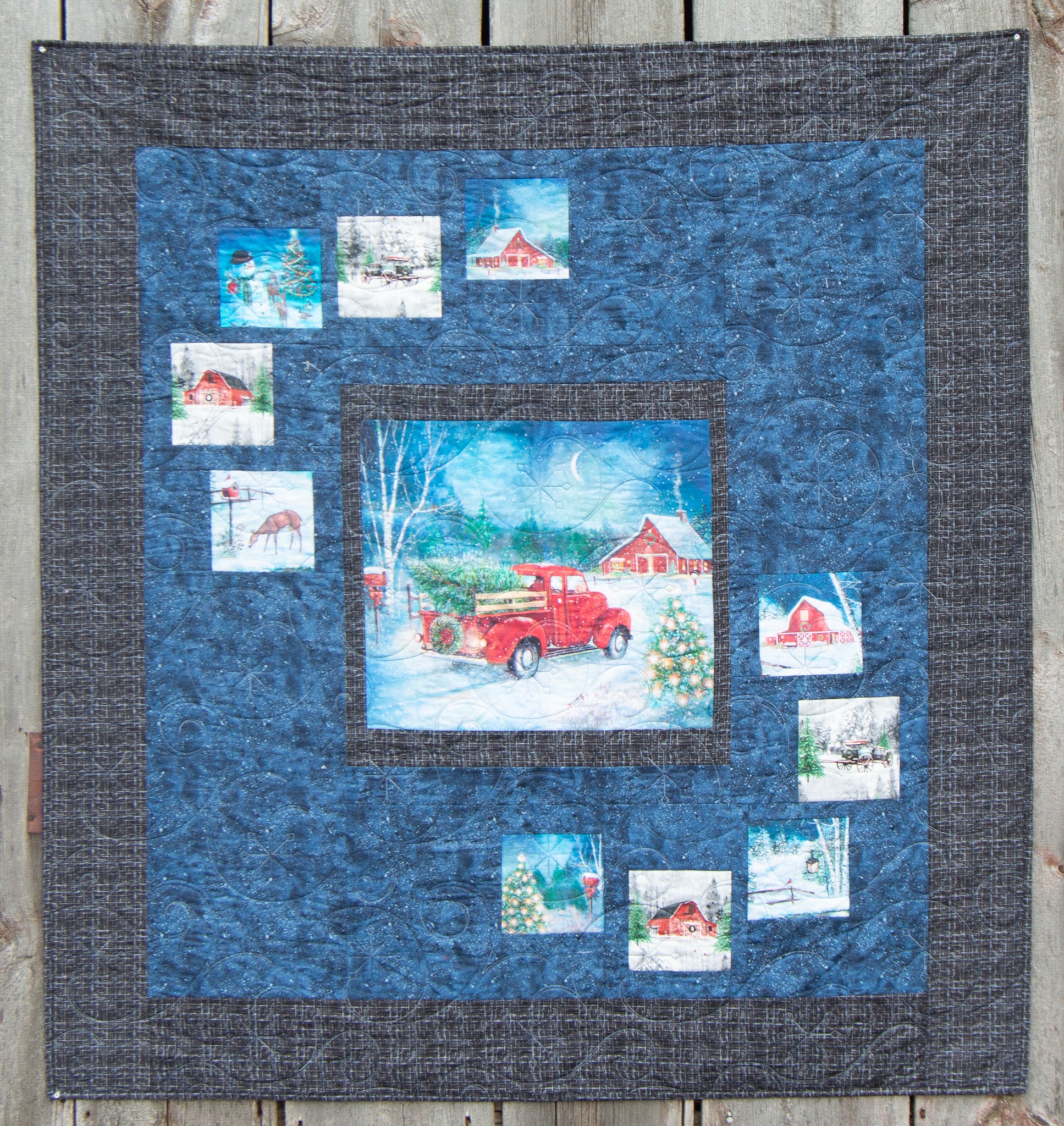 Surrounded by Love Winter Barn and Red Truck Finished Item Size: 57" x 62"