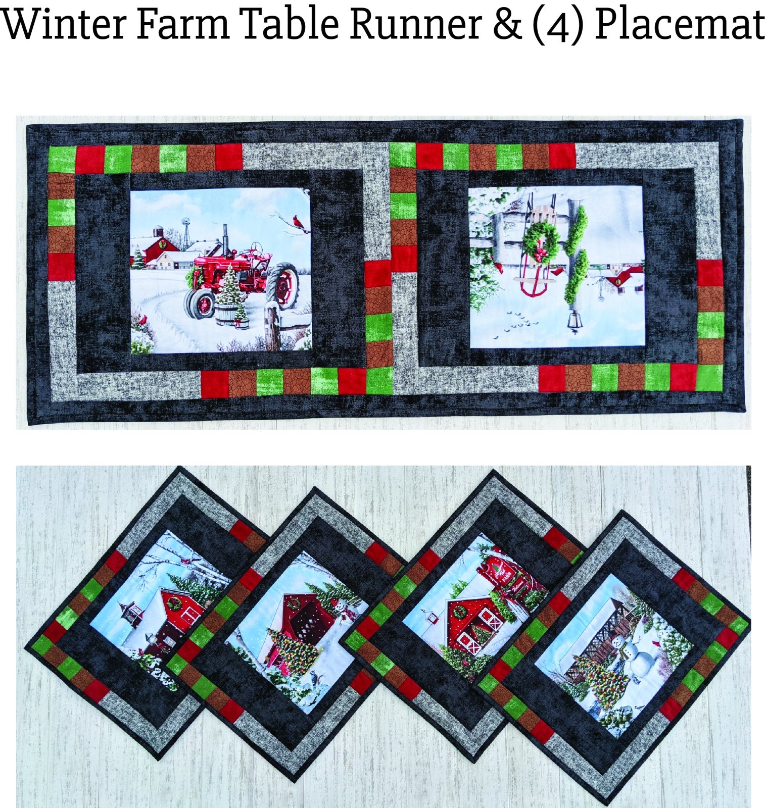 (4) Placemats (1) Tablerunner Winter Farm