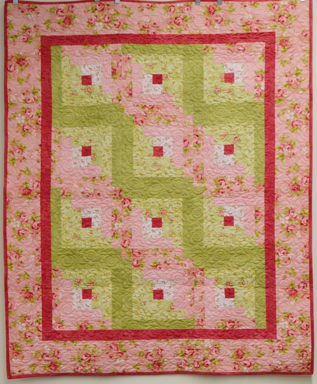 Pink and Green Flannel Log Cabin 41" x 51"